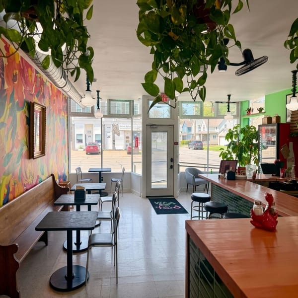 Bright, empty restaurant interior with colorful floral wallpaper, wooden benches, small tables, and a long counter.